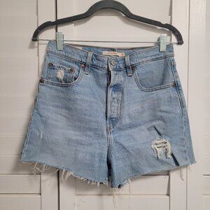 Levis Ribcage High-rise Distressed Denim Cutoff Short 28